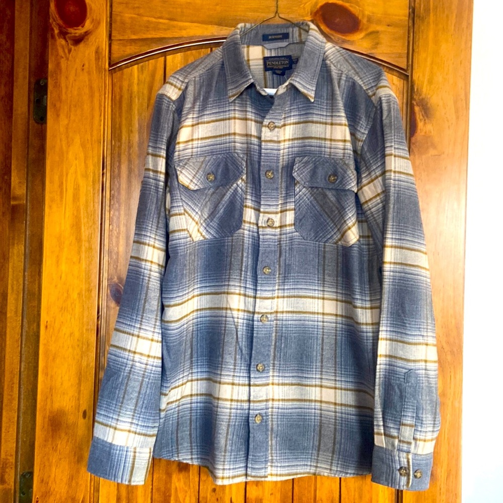 Men's plaid gray and brown button down